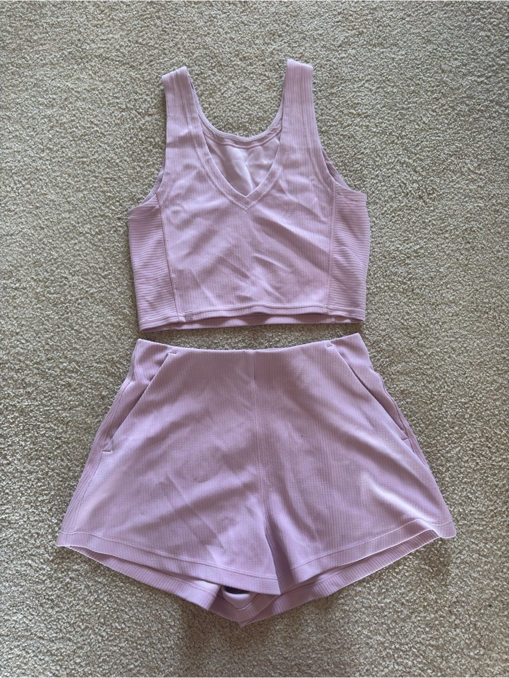 Lululemon pink Ribbed Tank Crop Top and Shorts Lounge Set